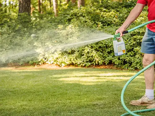 Person spraying fungicide on a lawn - Keep pests away from your lawn with Arrow Exterminators in OK